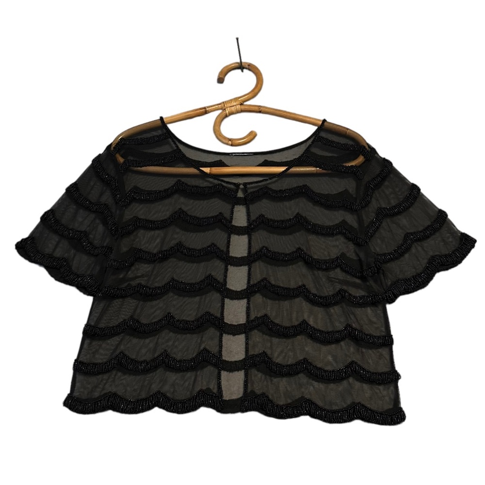 Vintage | Black Mesh Beaded Wave Cropped Short Sleeve Shawl Shrug Top